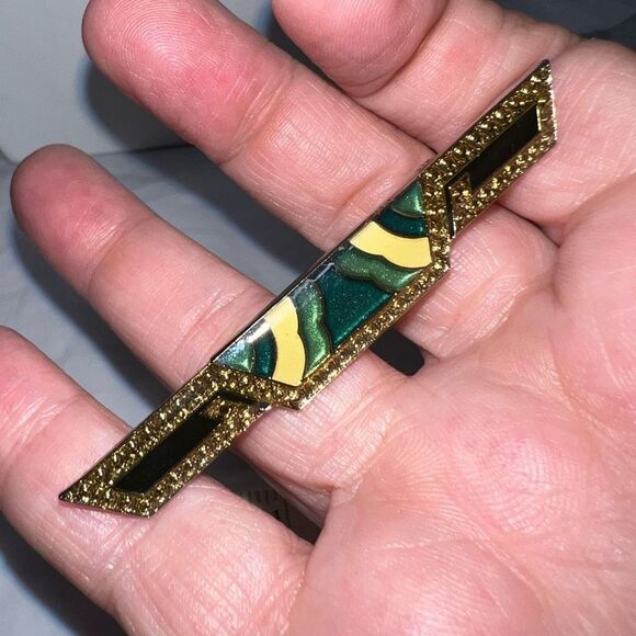 Vintage Gold Tone and Enameled Art Deco Styling Bar Pin - Picture 7 of 7